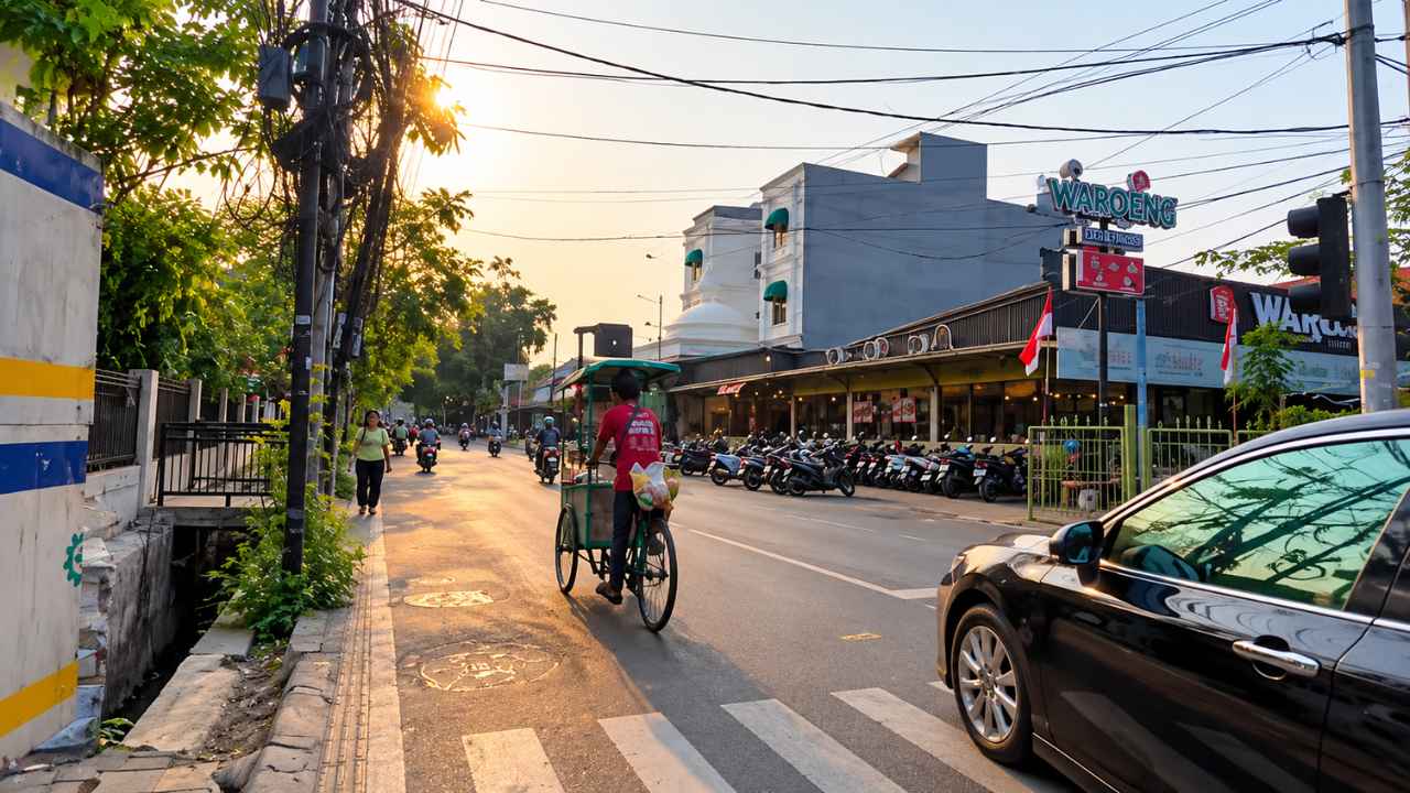 A becak pedalled along Jalan Cempaka Putih Raya in Central Jakarta, past parked motorcycles, a black car and the Waroeng shopfront in the late-afternoon light